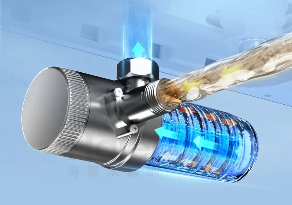 海爾美膚大藍瓶水流過濾示意：污濁水進入，過濾後乾淨出水